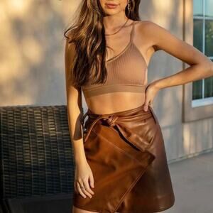 Divine Heritage Wrap Mini Skirt Saddle Brown Vegan Leather SZ XS NWT